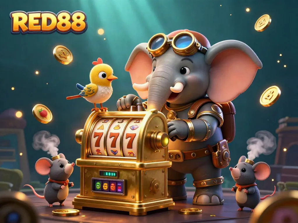 Experience thrilling gambling moments at RED88 with a whimsical casino illustration filled with slot machine excitement.