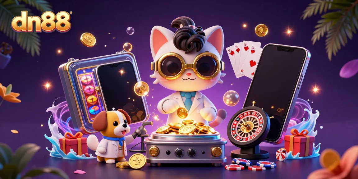 Play dynamic casino games and win at dn88 with an engaging 3D illustration of a mad scientist cat and loyal dog amidst golden rewards.