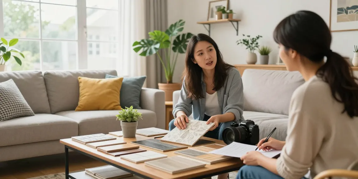 Augusta Innenausbau: Innenarchitektin berät Kunden zur Raumgestaltung in einem modernen Wohnzimmer.