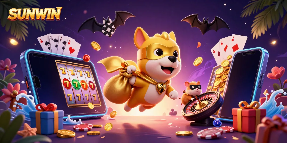 SUNWIN Superhero Dog and Hamster Showcasing Casino Adventure with Gold Coins
