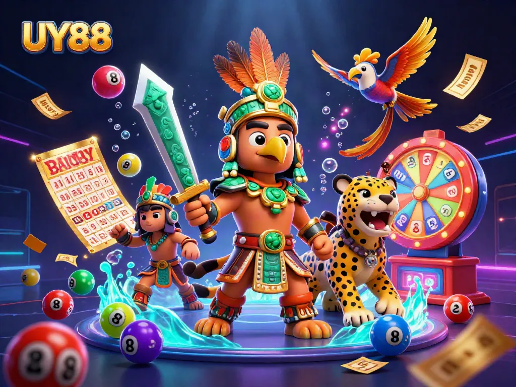 Engage with UY88's thrilling gaming experience featuring vibrant lottery elements and Aztec warriors.