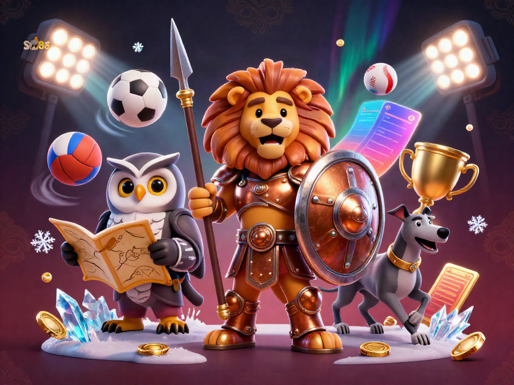 SIN88 showcases a vibrant 3D scene with a Spartan lion, tactical owl, and swift greyhound amidst flying sports elements.