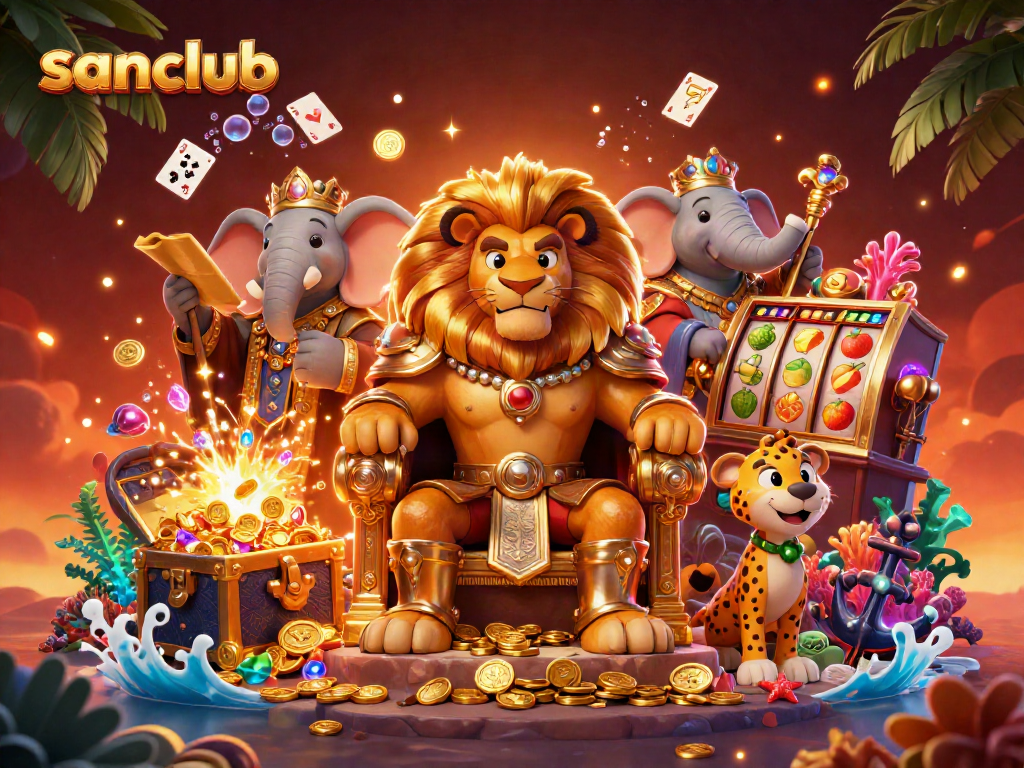 Experience wealth with the sanclub lion king ruler and vibrant gambling elements.