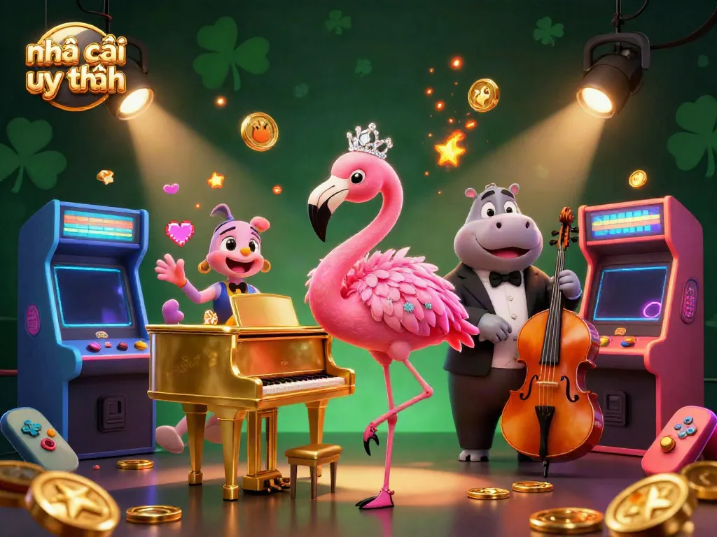 Experience the vibrant energy of nhà cái uy tín with this dynamic casino illustration featuring a flamingo singer and hippo bassist.