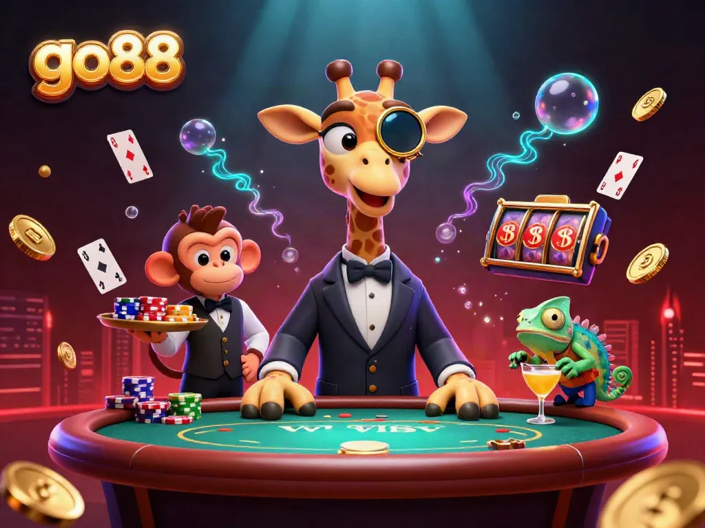 Experience go88's dynamic casino scene with high-roller giraffe at a poker table amidst floating cards and coin explosions.