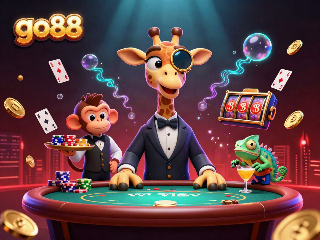 Experience go88's dynamic casino scene with high-roller giraffe at a poker table amidst floating cards and coin explosions.