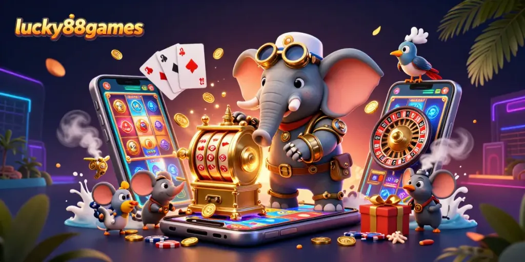 Spin to win with lucky88games featuring a steampunk elephant and dynamic casino elements!