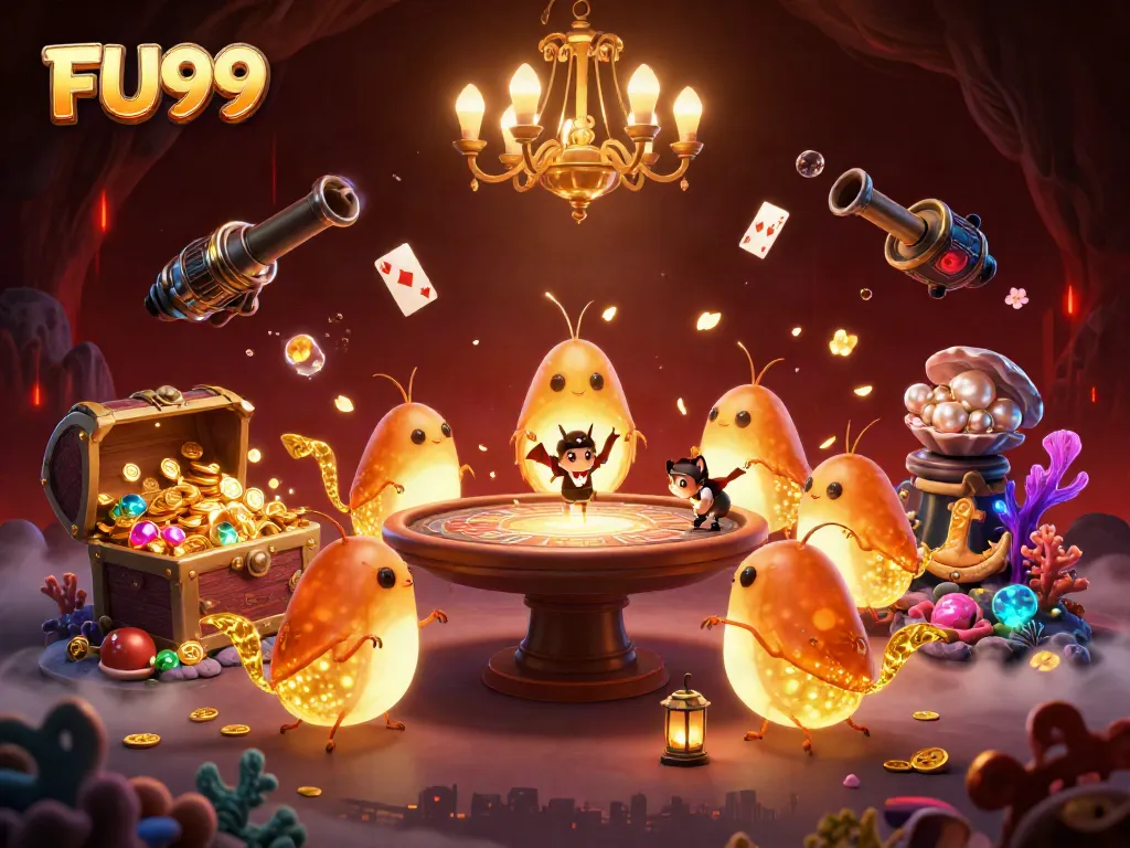 Experience the glow of FU99 in a captivating illustration with glowworms and a bat dealer in a vibrant casino.