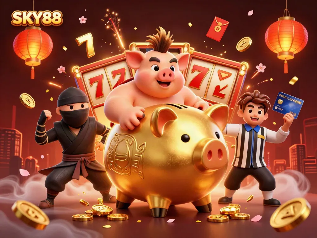 Spin to win with SKY88's vibrant casino atmosphere featuring dynamic characters and golden elements.