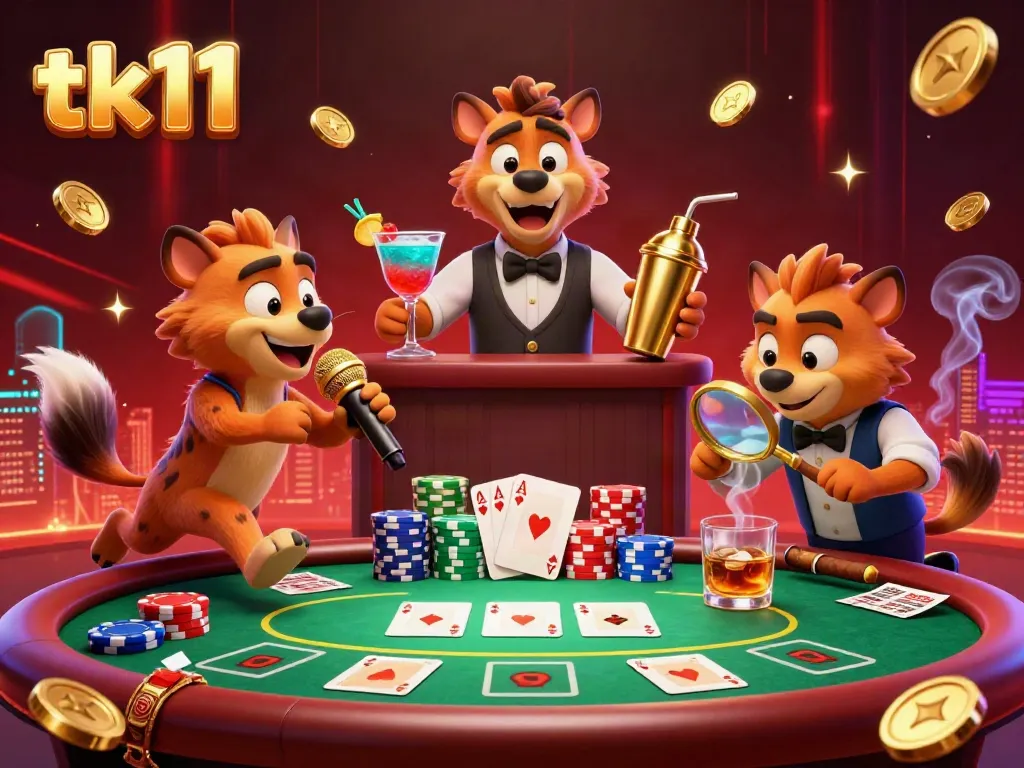 Comedy casino scene featuring hyenas performing with poker elements for tk11 entertainment.