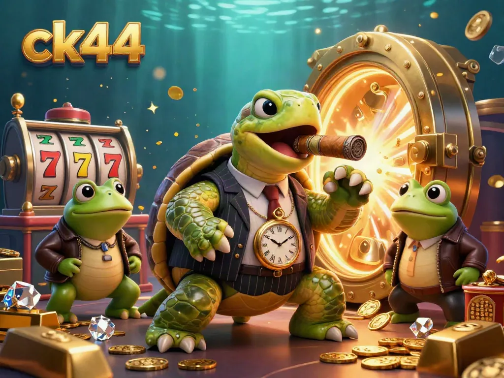 Enjoy winning strategies at ck44 with a lively turtle and bullfrogs in a casino scene filled with treasures.