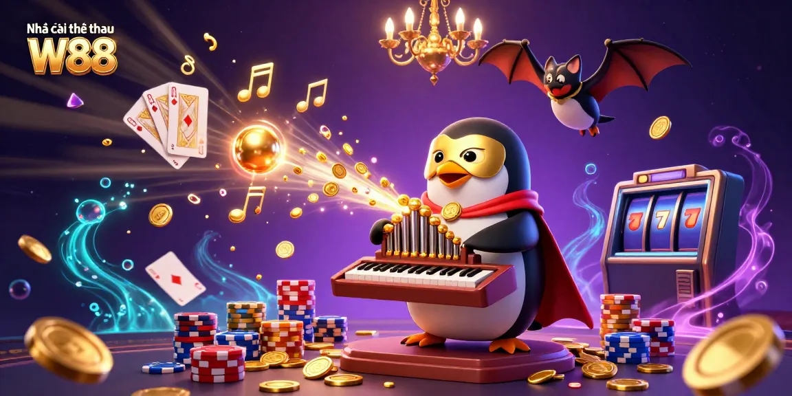 Experience gaming excitement at Nhà cái thể thao W88 with a vibrant casino-themed illustration showcasing dynamic gaming action.