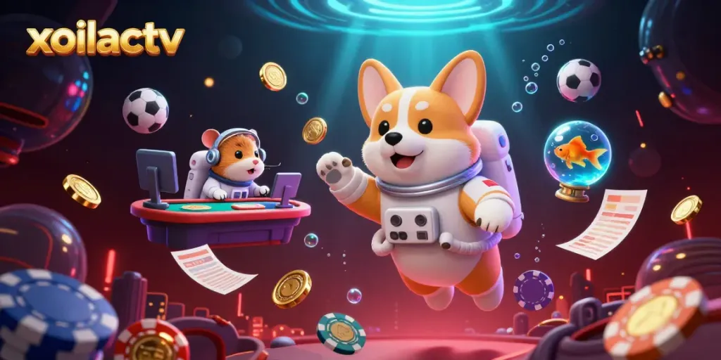 Xoilactv takes center stage in this vibrant 3D casino scene, featuring an astronaut corgi and themed gambling elements.