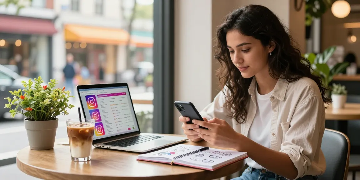 Strategie für Instagram Follower kaufen: Junge Influencerin bei der Analyse ihrer Marketingpläne in einem urbanen Café.
