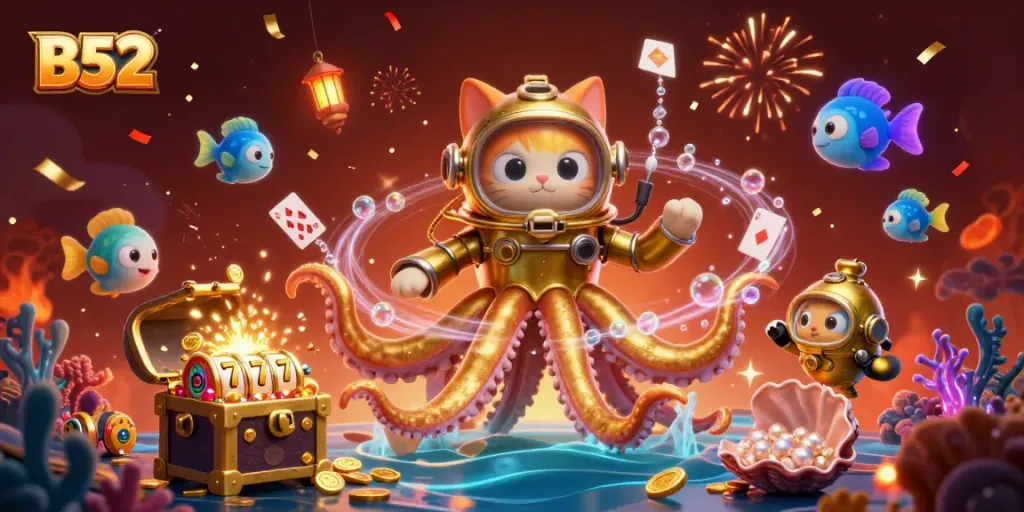B52 slots erupting with gold coins as a kraken reveals treasures in an ocean scene.