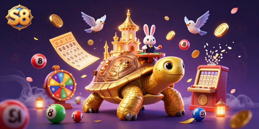 Experience the vibrant S8 casino with a golden tortoise, rabbit dealer, and dynamic gaming elements.