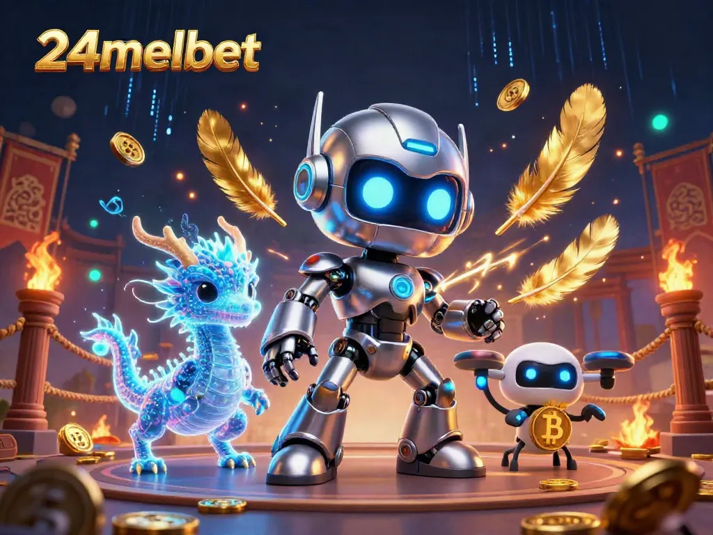 Engage with vibrant 24melbet-themed casino graphics featuring a futuristic robot and playful elements.