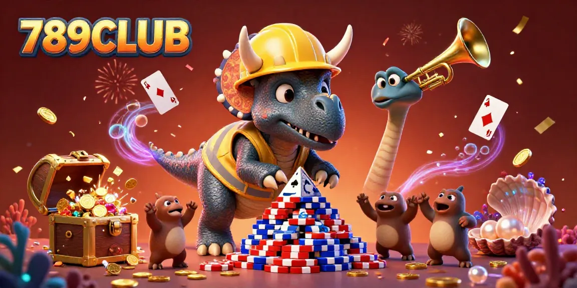 Engage with 789CLUB's festive gaming atmosphere filled with fun characters and poker chips.