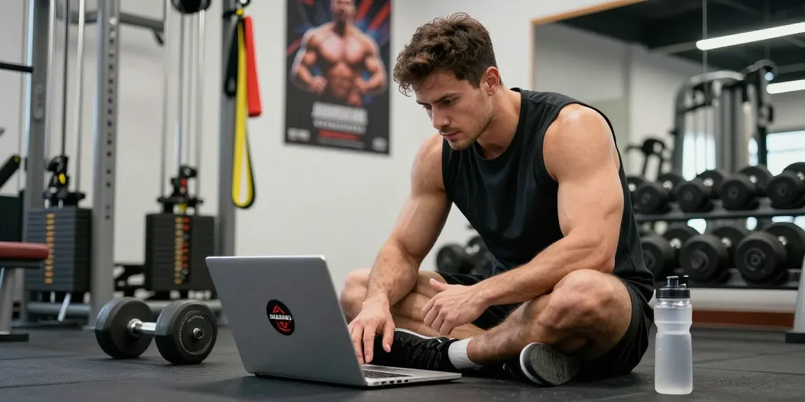 Bodybuilder exploring Anabolika Shop online while preparing for a workout in a vibrant gym setting.