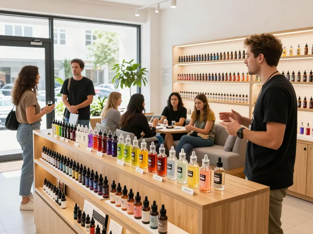 A vibrant vape shop highlighting various Flerbar liquid flavors and a friendly sales interaction.