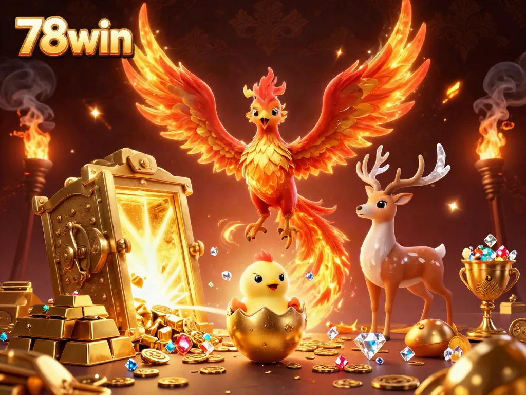 Experience the vibrant 78win casino scene featuring a fiery phoenix and treasure galore!
