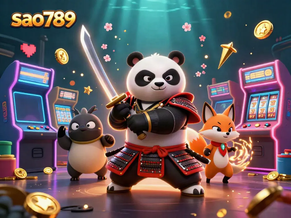 Sao789 brings vibrant 3D casino excitement with cartoon samurai panda and ninja fox amidst slots and golden shurikens.