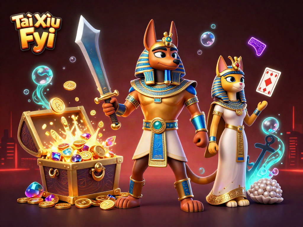 Tài Xỉu Fyi battle scene featuring Anubis and Bastet amidst gold and playing cards.