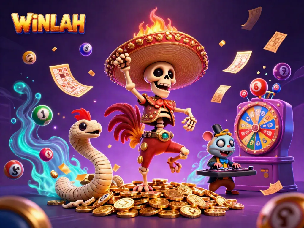 WINLAH celebrates with a vibrant scene of a dancing mariachi rooster and lottery fun.