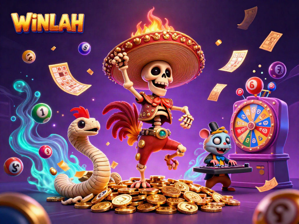 WINLAH celebrates with a vibrant scene of a dancing mariachi rooster and lottery fun.