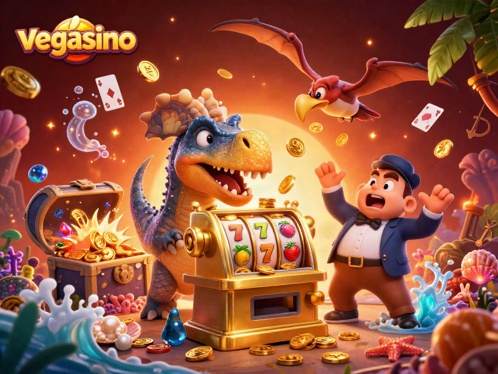 Vegasino slots jackpot scene with colorful characters celebrating among coins and slot machine