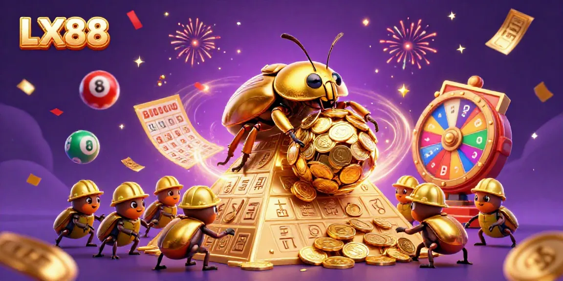 Experience the vibrant world of LX88 with a golden beetle symbolizing casino riches while lottery balls bounce around.