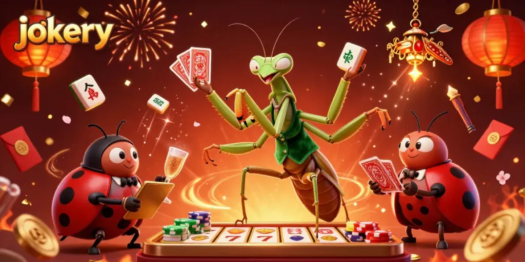Experience thrilling action at Jokery Casino with a giant mantis dealer, vibrant game elements, and festive celebrations.