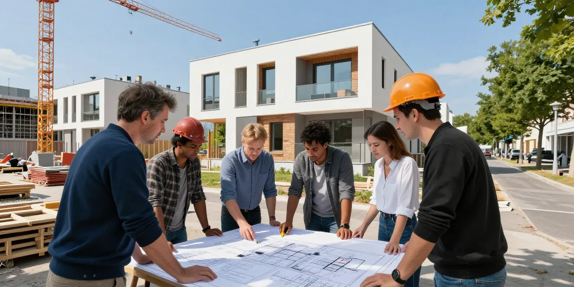 Hausbau Wien: Team von Architekten arbeitet an Bauplänen für modernes Haus in Wien.