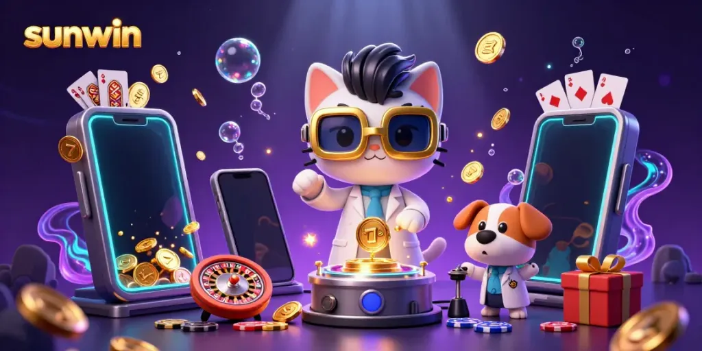 Engage with dazzling sunwin slot games, featuring vibrant animated coins and playful characters.