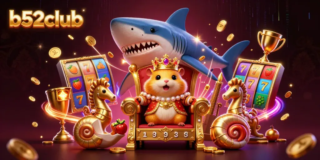 Battle for jackpots at b52club with a hamster king on a shark throne in a vibrant casino scene.