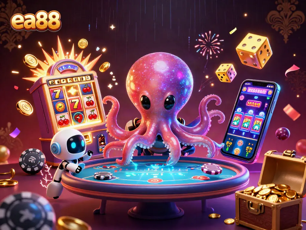 ea88 alien octopus plays poker at a holographic table surrounded by treasure and jackpot elements
