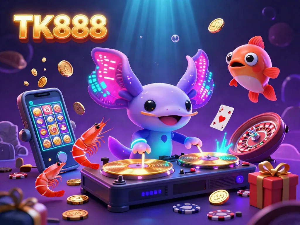 Experience the vibrant party atmosphere at TK888 with a neon axolotl DJ spinning at an underwater casino.