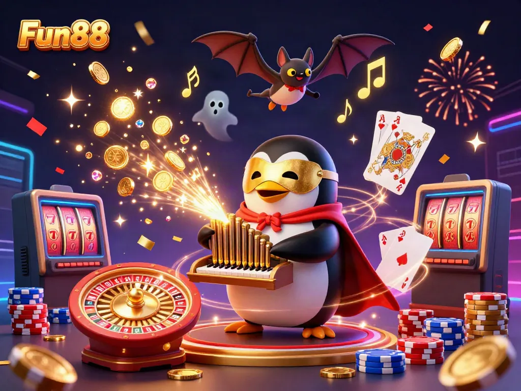 Experience Fun88's thrilling casino atmosphere with a vibrant 3D illustration featuring games, characters, and celebratory elements.