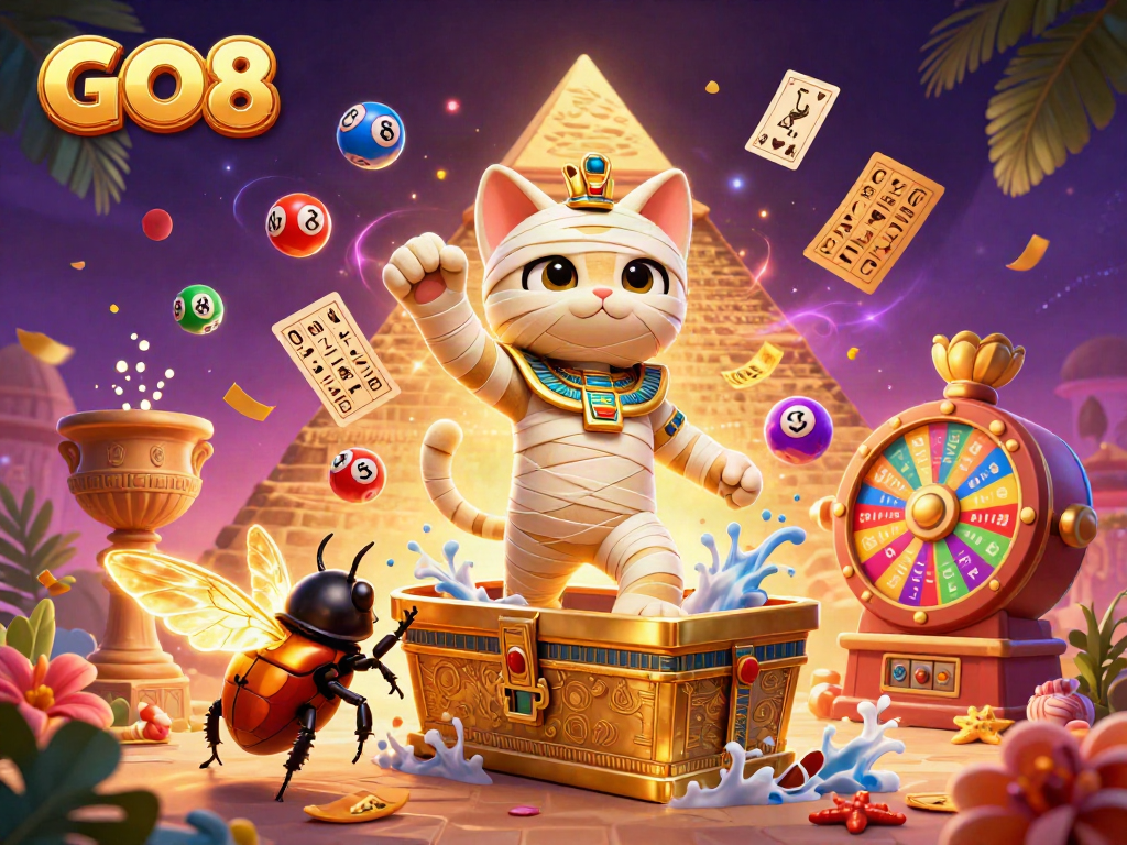 Experience the thrill of gambling at GO8 with vibrant gaming elements and dynamic characters in an illustrated casino.