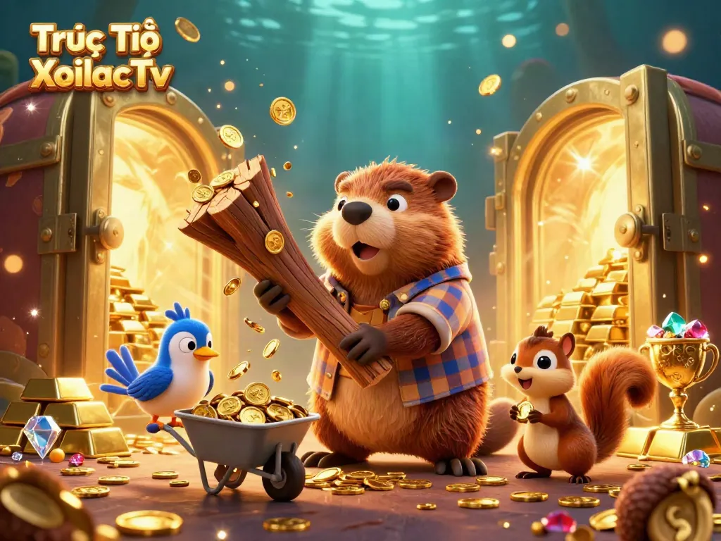 Engage in thrilling action with Trực Tiếp XoilacTv featuring a lively illustration of a beaver, bird, and squirrel amidst a treasure-filled casino.