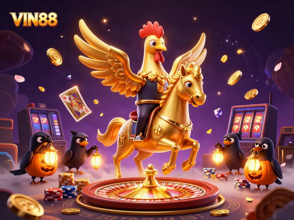 Experience excitement at VIN88 with a golden rooster riding through a magical casino filled with treasures.