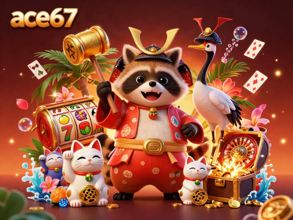 Engage in exciting gambling fun with ace67, featuring a cartoon tanuki surrounded by casino elements.