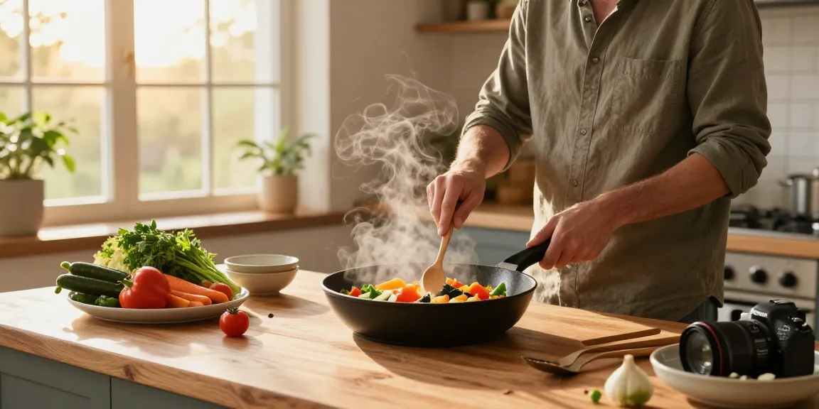 Gesundes Kochen mit einer PTFE-freien Pfanne in einer modernen Küche mit frischen Zutaten.