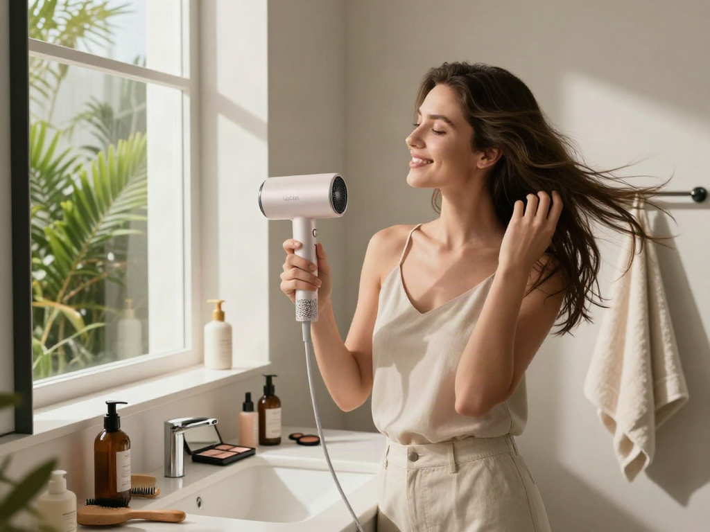 Frau trocknet ihr Haar mit dem Laifen Haartrockner in einem eleganten Badezimmer mit Beauty-Produkten.