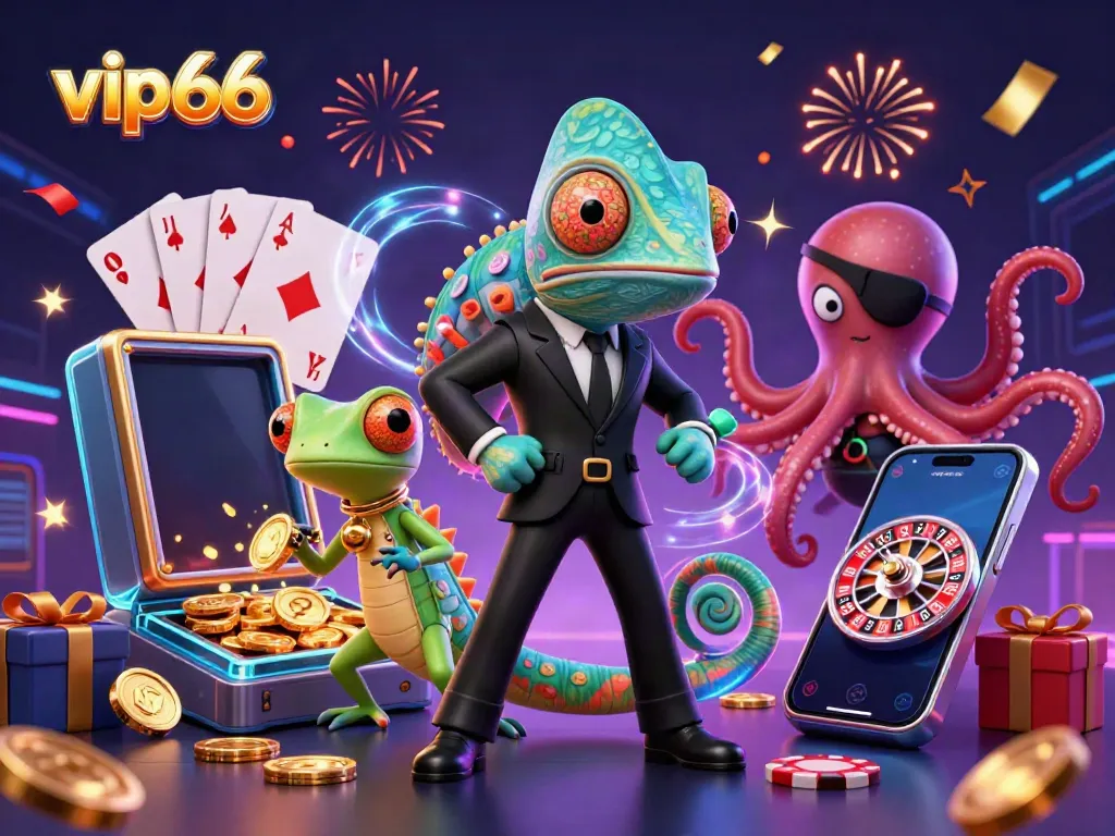 Experience thrilling gameplay at vip66 with colorful slot reels and characters in a dynamic casino scene.