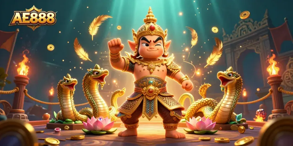 Engage with the action of AE888 at a dazzling 3D casino scene featuring legendary guardians.