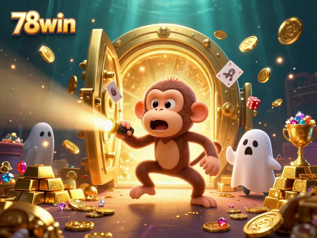 Engage with 78win's thrilling casino experience, featuring playful characters in a richly detailed scene.