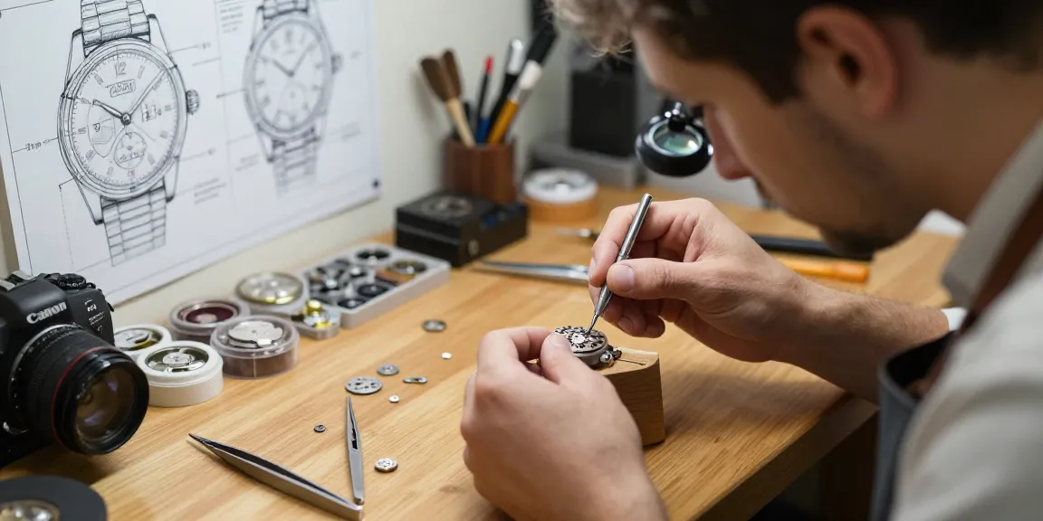 Skilled watchmaker inspecting 2235 movement parts with tools in a well-lit workshop.