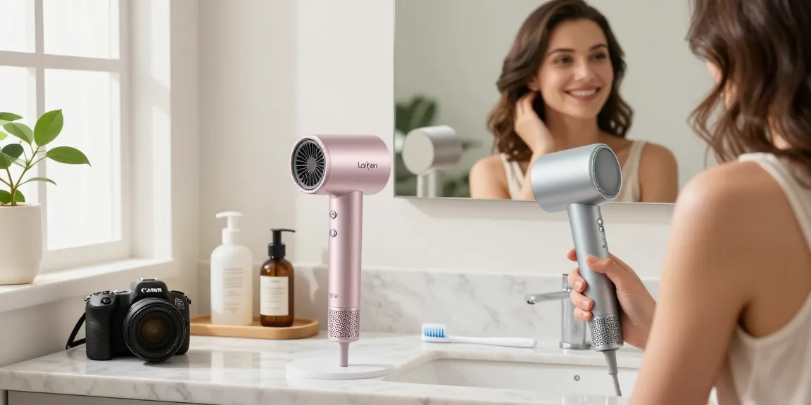 Laifen Föhn und elektrische Zahnbürste auf einem modernen Badezimmerwaschtisch mit stilvollem Ambiente.
