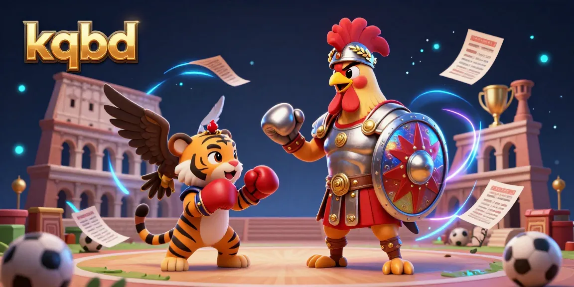 KQBD delivers exciting sports betting updates with a dynamic 3D scene of a gladiator rooster and tiger cub.